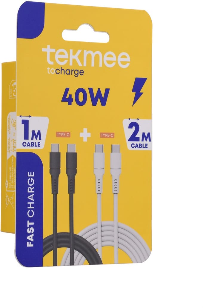 TEKMEE Oplaadkabel - USB-C naar USB-C Kabel – 40W – Snelladen – 1M+2M