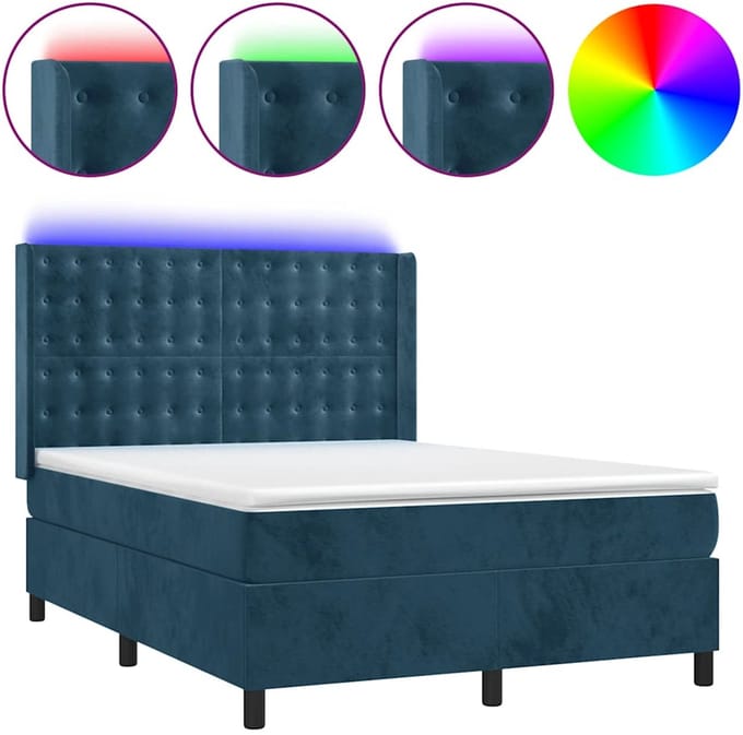 vidaXL - Boxspring - met - matras - en - LED - fluweel - donkerblauw - 140x190 - cm