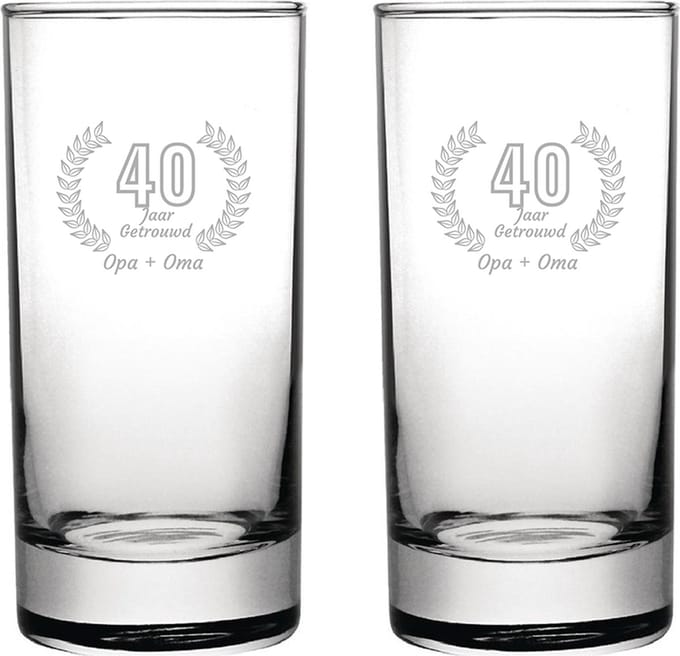 Gegraveerde set Longdrinkglazen 28,5cl Opa + Oma 40 jaar getrouwd