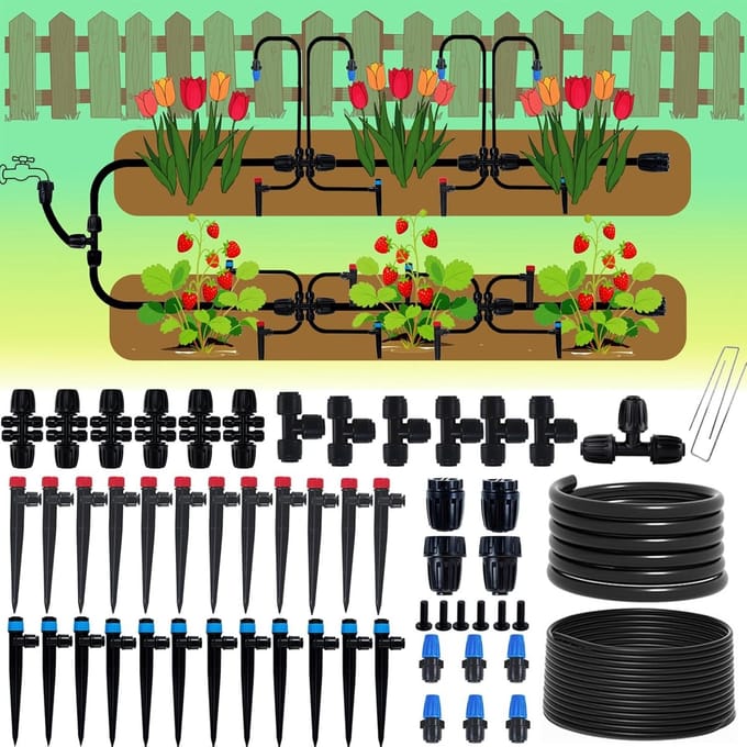 Druppelsysteem Kit - Tuin Bewatering - Efficiënt Water Geven - Verstelbare Emitters - 250 Voet Slang - Zwart