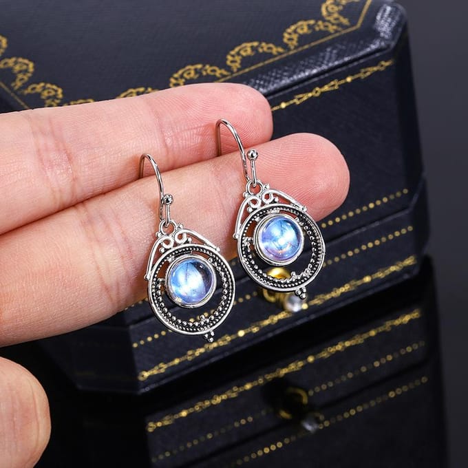 Boucles d'oreilles rétro Mumbai Pierre de lune 800 silver brown