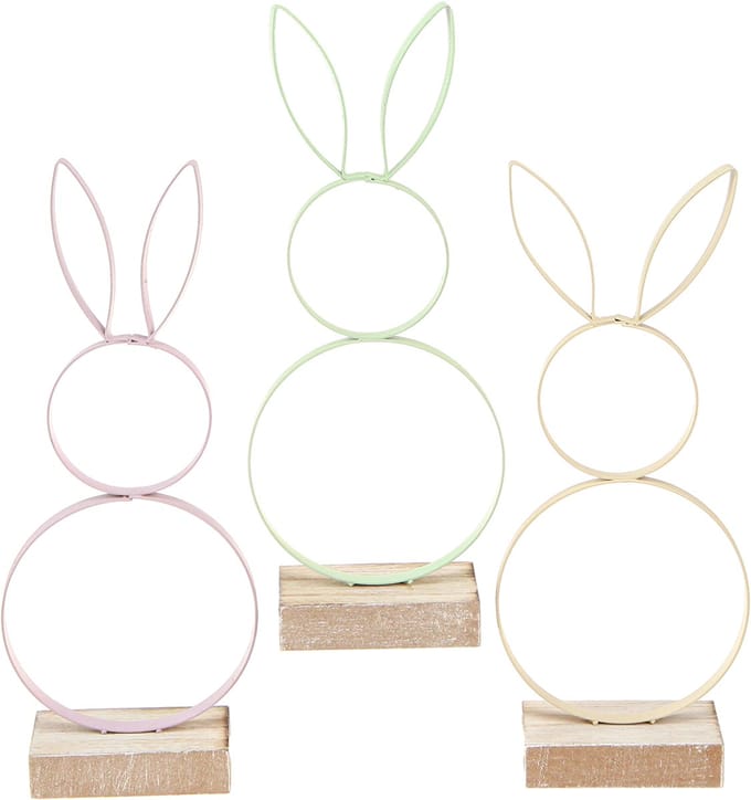 Paashaas Decoratie Metaal Hout Geel Mint Roze H21cm 3st, 3 Stück