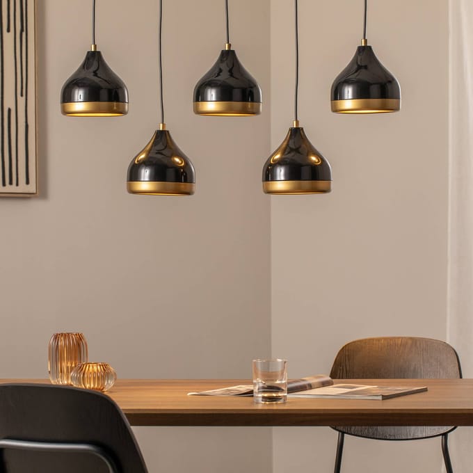 Opviq Hanglamp Yildo, zwart/goud, 5-lamps. Lengte 111 cm