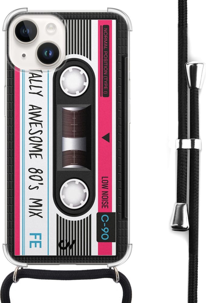 Casevibes - Telefoonhoesje met koord - Geschikt voor Apple iPhone 14 - Cassette - Grijs -