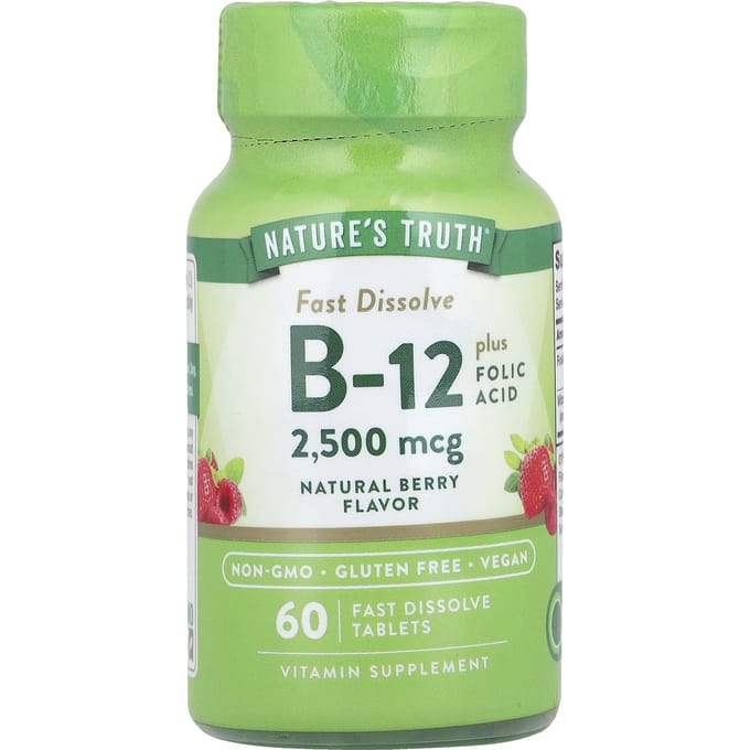 Nature's Truth, met Vitamine B-12, Foliumzuur, Natuurlijke Bessen smaak, 2.500 mcg, 60 Snel Oplossende Tabletten