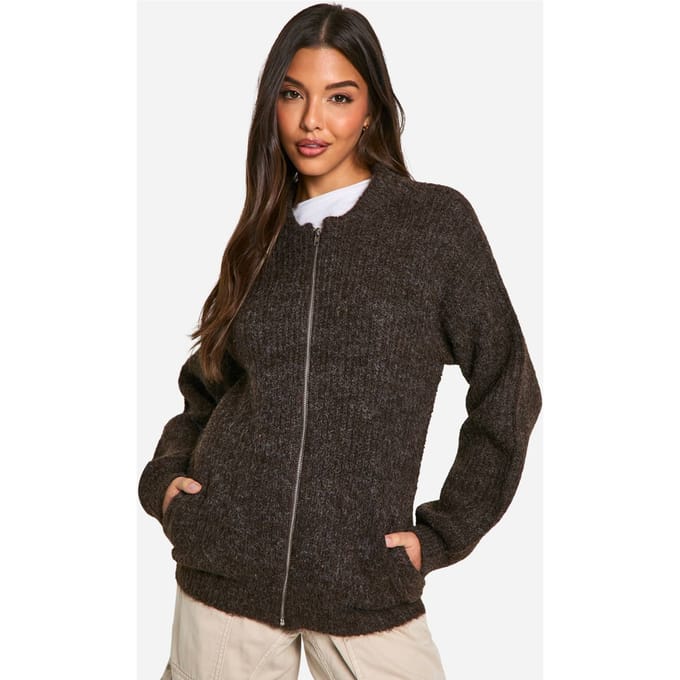 boohoo Dames Oversized Zip Door Gebreide Bomberjack | Chocolate | Maat: Small