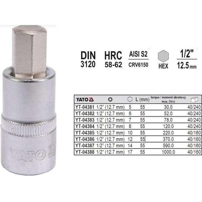 Yato YT-Serie - Inbussleutel - 1/2" Dopsleutel - 10mm - Chroom Vanadiumstaal