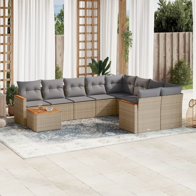 vidaXL - 10-delige - Loungeset - met - kussens - poly - rattan - gemengd - beige