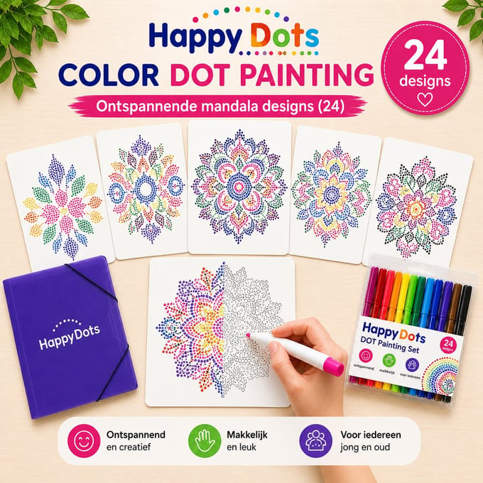 HappyDots Color DOT Painting set Mandala - 24 creatieve designs + stiften set + opbergmap
