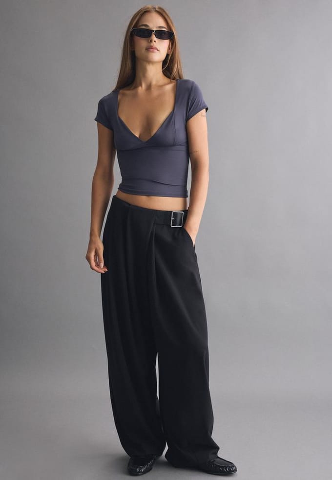 Stradivarius Polyamide T-shirt met V-hals en kapmouw  Donkergrijs S