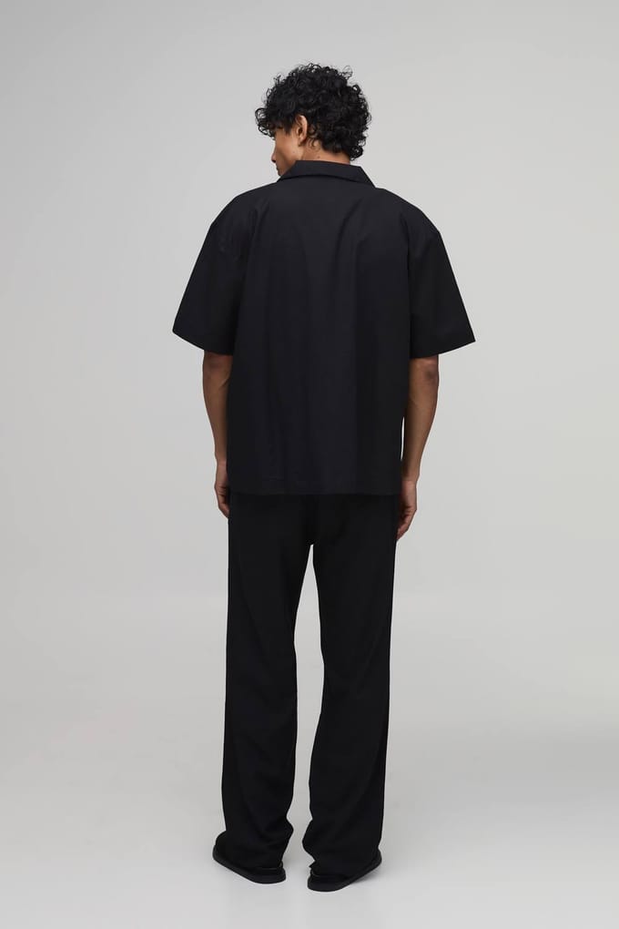 Relaxed Fit Linnen Blend Broek Met Bloemeenborduursel Co-ord | Black | Size Medium