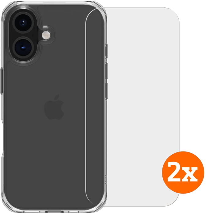 BlueBuilt Protective Back Cover iPhone 16 Transparant + Screenprotector Glas Duo Pack