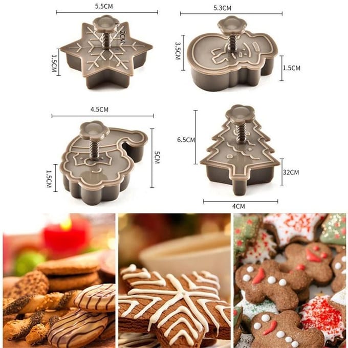 4 stks/set Plastic Cookie Bakvormen Sneeuwpop/Sneeuwvlok/Kerstboom/Kerstman Patroon Bakvormen gray