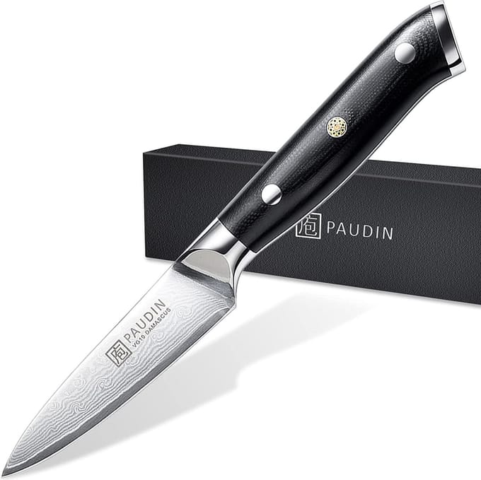 PAUDIN C7 Professioneel Groentemes 9 cm - Japans mes - Schilmes - Echt Damascus Mes - Zwart Ergonomisch Handvat