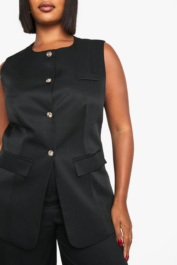 boohoo Dames Plus Goldknop Longline Weste | Zwart | Maat: 56