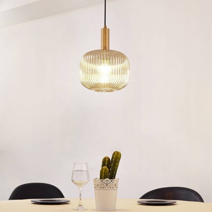 Lindby - hanglamp - 1licht - Glas, ijzer - H: 8.5 cm - E27 - rookgrijs, goud