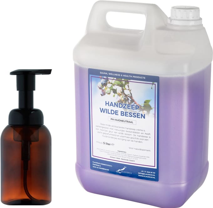 Zeepdispenser 300 ml amber bruin hervulbaar + 5 liter Handzeep Wilde Bessen navulling