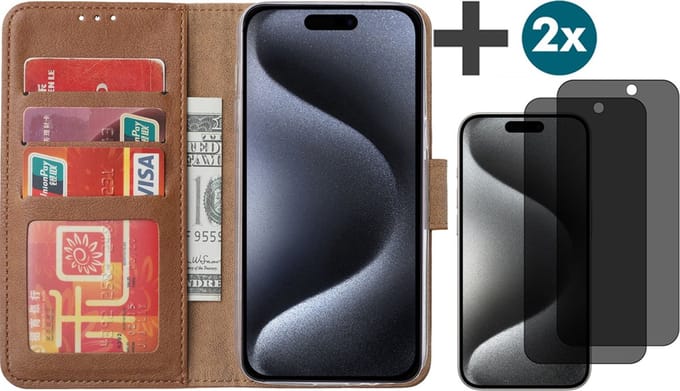 Hoesje met Privacy Screenprotectors 2 Stuks Geschikt voor iPhone 15 Pro Max – Arara bookcase met pasjeshouder - Bruin