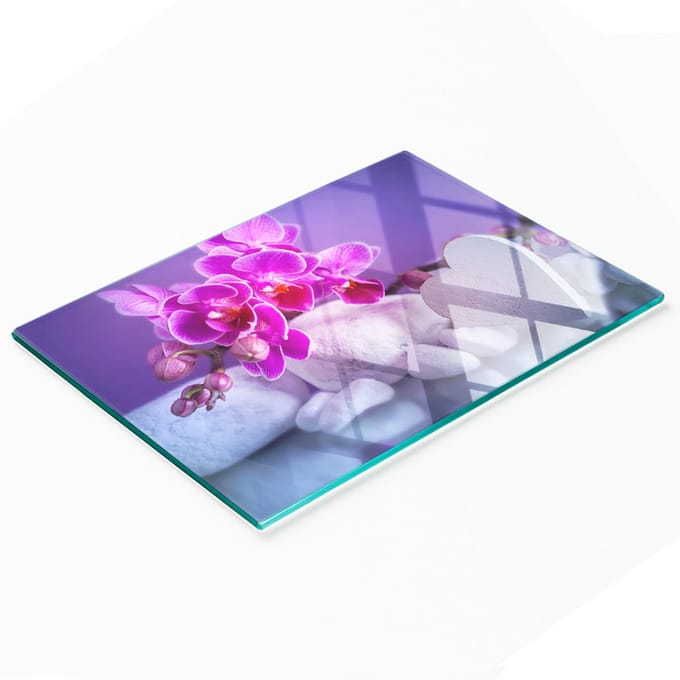 Decoratieve glazen snij- en serveerplank, orchidee en hart, 80x52 cm