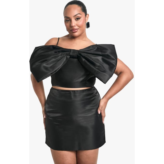 boohoo Dames Plus Taffeta Bow Bandeau Top | Zwart | Maat: 54
