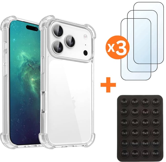 3-in-1 Voordeelpack: Hoesje geschikt voor Apple iPhone 14 Plus Transparant - incl. 3x Screenprotector & Zuignap - Siliconen Shockproof Backcover