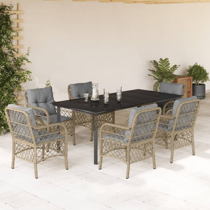 vidaXL - 7-delige - Tuinset - met - kussens - poly - rattan - gemengd - beige