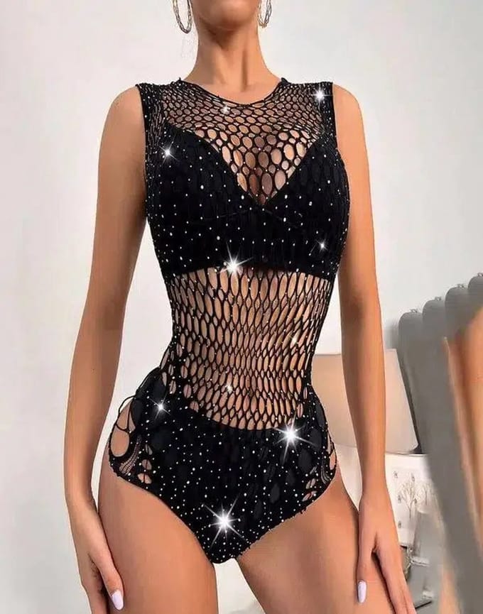 Cindylove - Visnet Body met Glitters - One size - Zwart