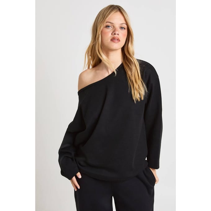 boohoo Dames Petite Interlock Off-shoulder Sweatshirt | Zwart | Maat: Large