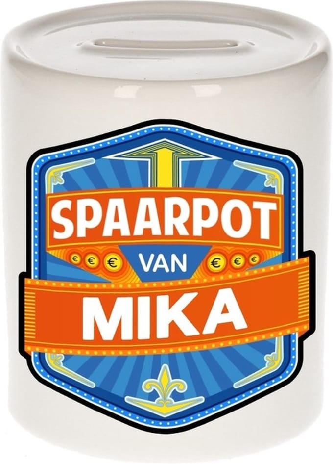 Bellatio Decorations Kinder spaarpot met naam - Mika - keramiek - met dop - wit - Sparen - Spaargeld van Mika