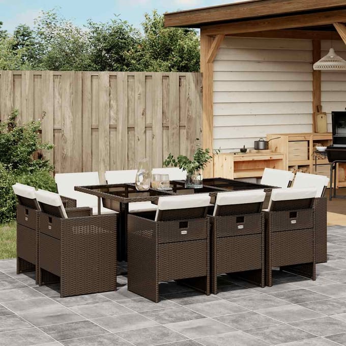vidaXL - 11-delige - Tuinset - met - kussens - poly - rattan - bruin