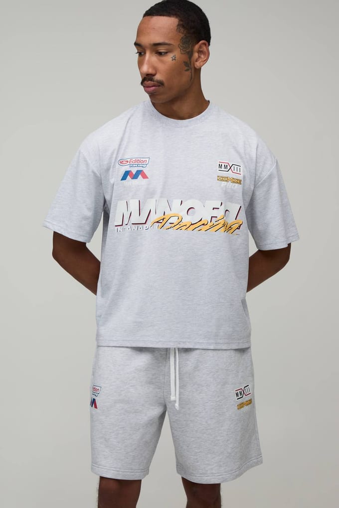 Oversized Boxy Heren Moto Bedrukt T-shirt & Baggy Short Set | Grey Marl | Size Medium