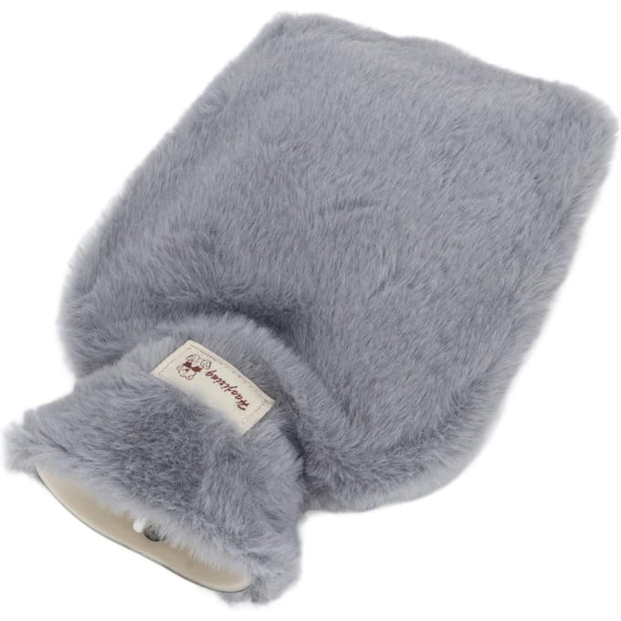 Bouillotte en peluche 1000 ml à large ouverture, texture antidérapante, avec housse lavable gris clair