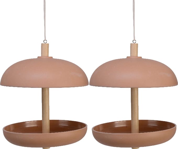 Decoris vogel voedersilo - 2x stuks - bamboe hout - terra bruin - 21 x 25 cm