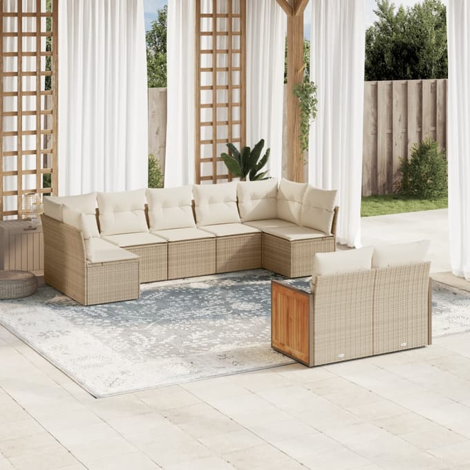 vidaXL - 9-delige - Loungeset - met - kussens - poly - rattan - beige