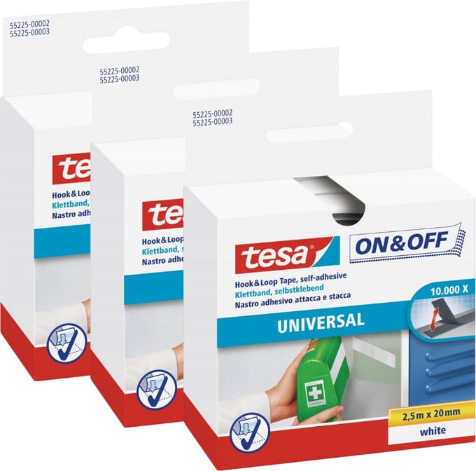 Tesa - Zelfklevende Klittenbandstrip - 2,5m x 20mm - Wit - 3 stuks