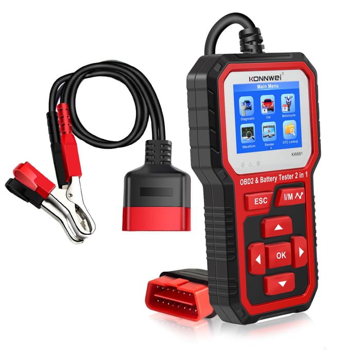 KONNWEI KW681 Auto- en motorfietsaccutester en OBDII-diagnosescanner 2-in-1