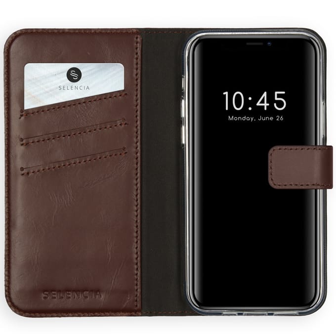 Selencia Hoesje - Geschikt voor Apple iPhone 12 Pro Max - Echt Lederen Bookcase - Bruin