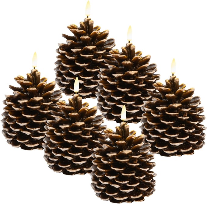 Anna's Collection LED dennenappel kaars - 6x - bruin - 12.5 x 10.5 cm - met timer