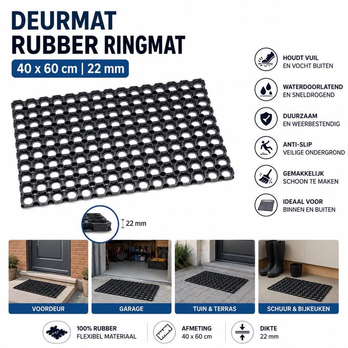 Wicotex - Deurmat - Rubber - Ringmat - Schoonloopmat 22mm - Afmeting 40x60cm - Kleur Zwart