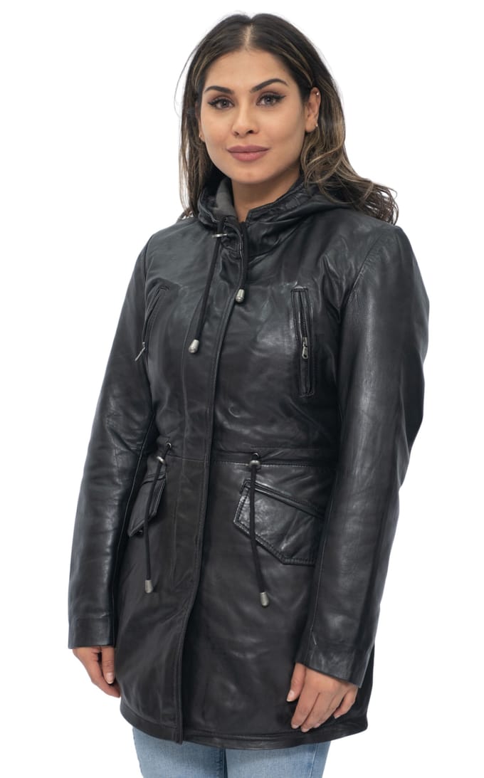 Dames leren parka jas met capuchon-Boekarest