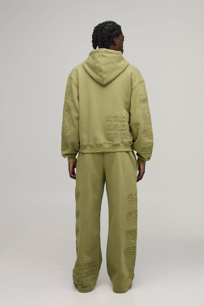 Oversized Boxy Trainingspak Met Wijde Pijpen En Wereldwijd Reliëfdetail | Khaki | Size Medium