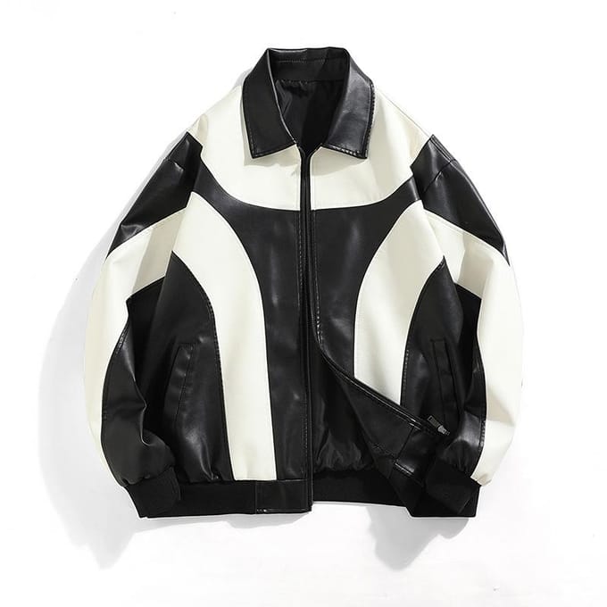Nieuwe Contrasterende Leren Jas Koppel Herfstjas S white