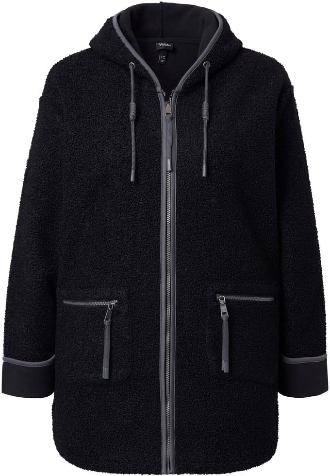 Ulla Popken - Dames - Teddy jas capuchon ritszakken fleece voering - Zwart - Maat 50+