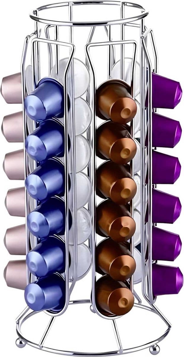 Cheffinger - Dispenser voor 36 Nespresso Capsules Slanke Toren van Metaal, Zilveren