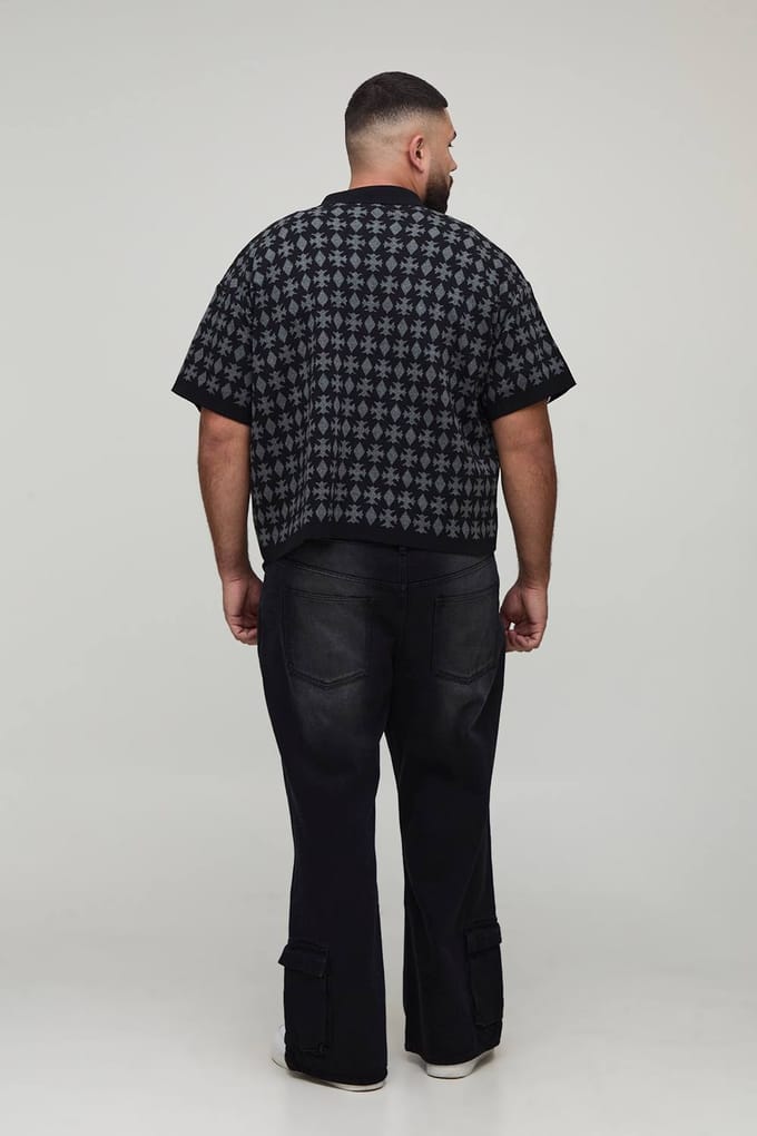 Plus oversized boxy fit jacquard patch gebreide overhemd | Black | Size 2XL