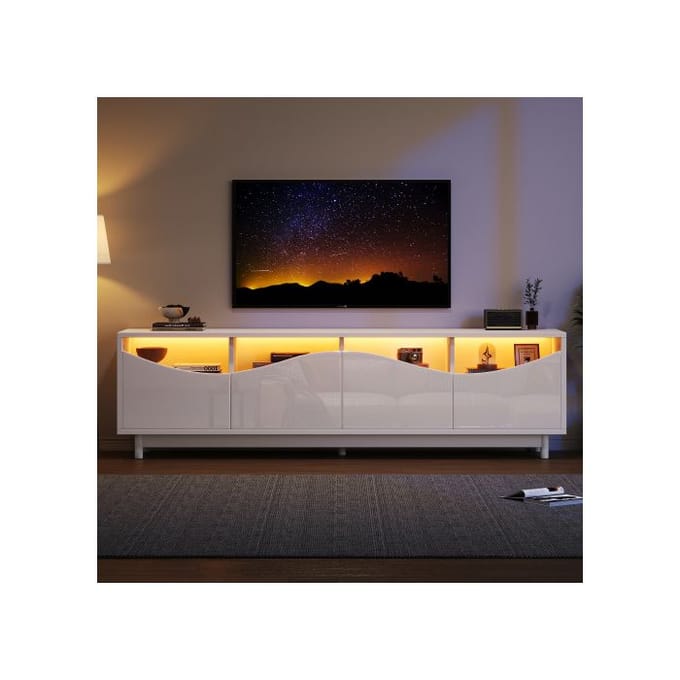 Meuble TV - MUVOE - Design incurvé - Blanc brillant - Éclairage LED - 175 x 38 x 51 cm blanc