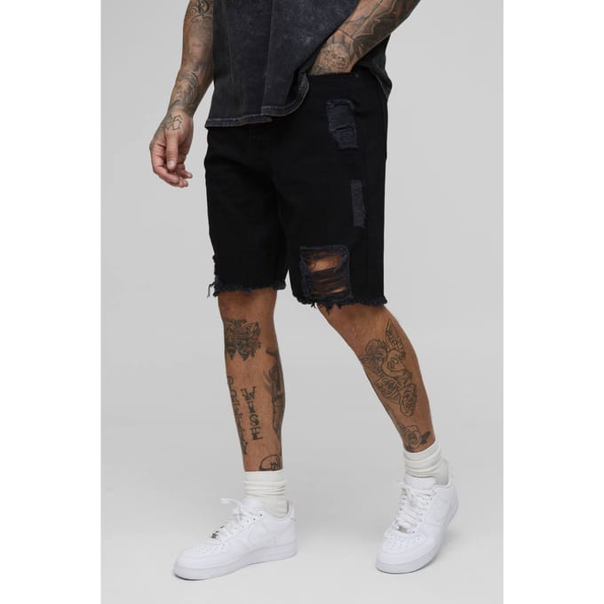 Tall Relaxed Ripped Gusset Denim Shorts | True Black | Size 30