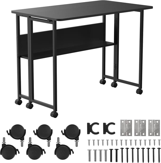 Maclean - Inklapbaar bureau - verrijdbaar, blad 100x58cm, max. 50kg, MC-126 B - Zwart