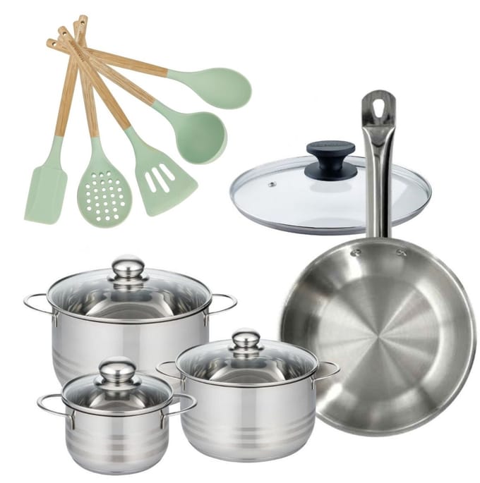 Set 1 Koekenpan 28cm en 3 Kookpotten 16/20/24cm Fackelmann Etherna met 5 keukengerei