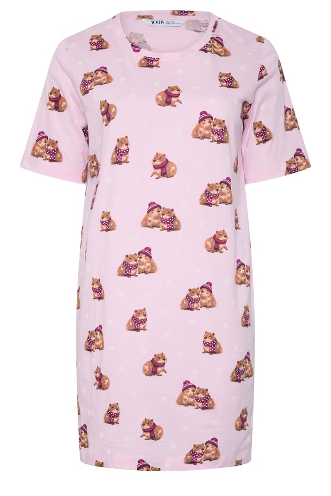 Yours Curve Roze Nachthemd Met Stippen En Capibara Print Size 66-68